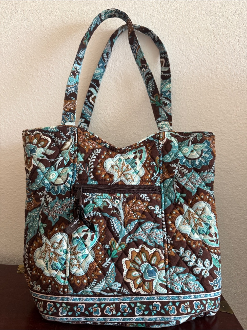 Vintage Vera Bradley Quilted Floral Tote Bag in Brown and Teal